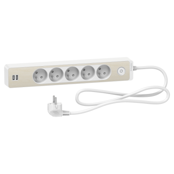  Multipr 5P 2USB 1,5m blc/bois 